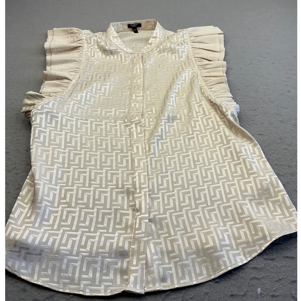 Express Sleeveless Blouse Geometric Jacquard Ruffle Shoulder Cream M Office Wear